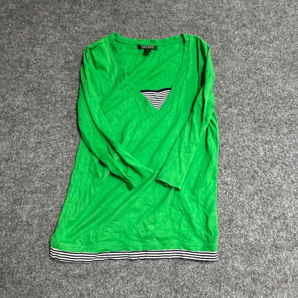 Lauren Ralph Lauren Top Womens Size M Green Layered V-Neck Striped Cotton Casual
